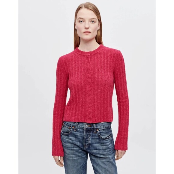 RE/DONE womens Terry Ribbed Cardi Sweater size Large Dragonfruit Cardigan $350 - Picture 3 of 12